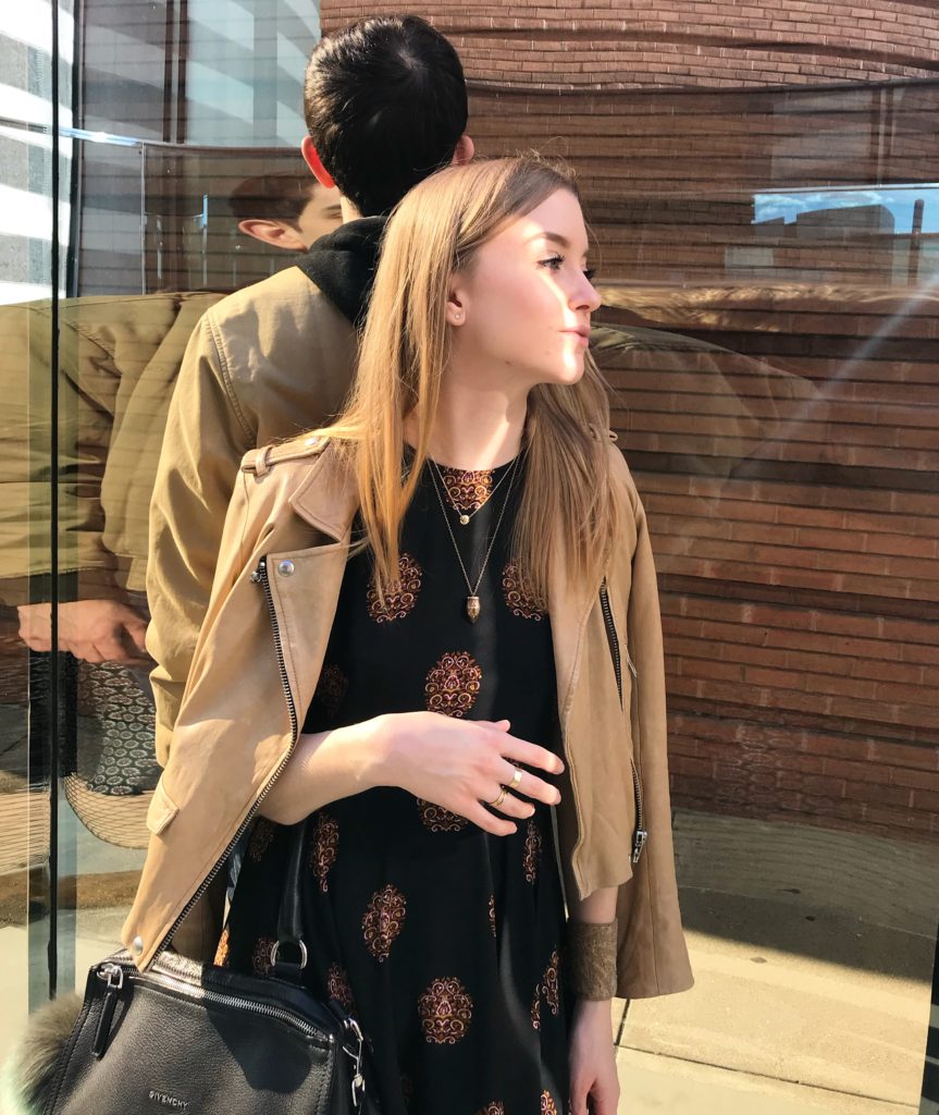 IRO Ashville Jacket for $200 from Vestiaire Collective. A.L.C dress from The RealReal for $50. Givenchy Pandora from eBay for $700