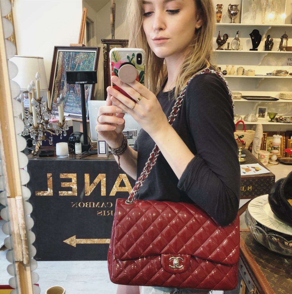 Preloved Chanel patent burgundy double flap in jumbo- purchased for $2,500 from Simply Chic in San Francisco. 