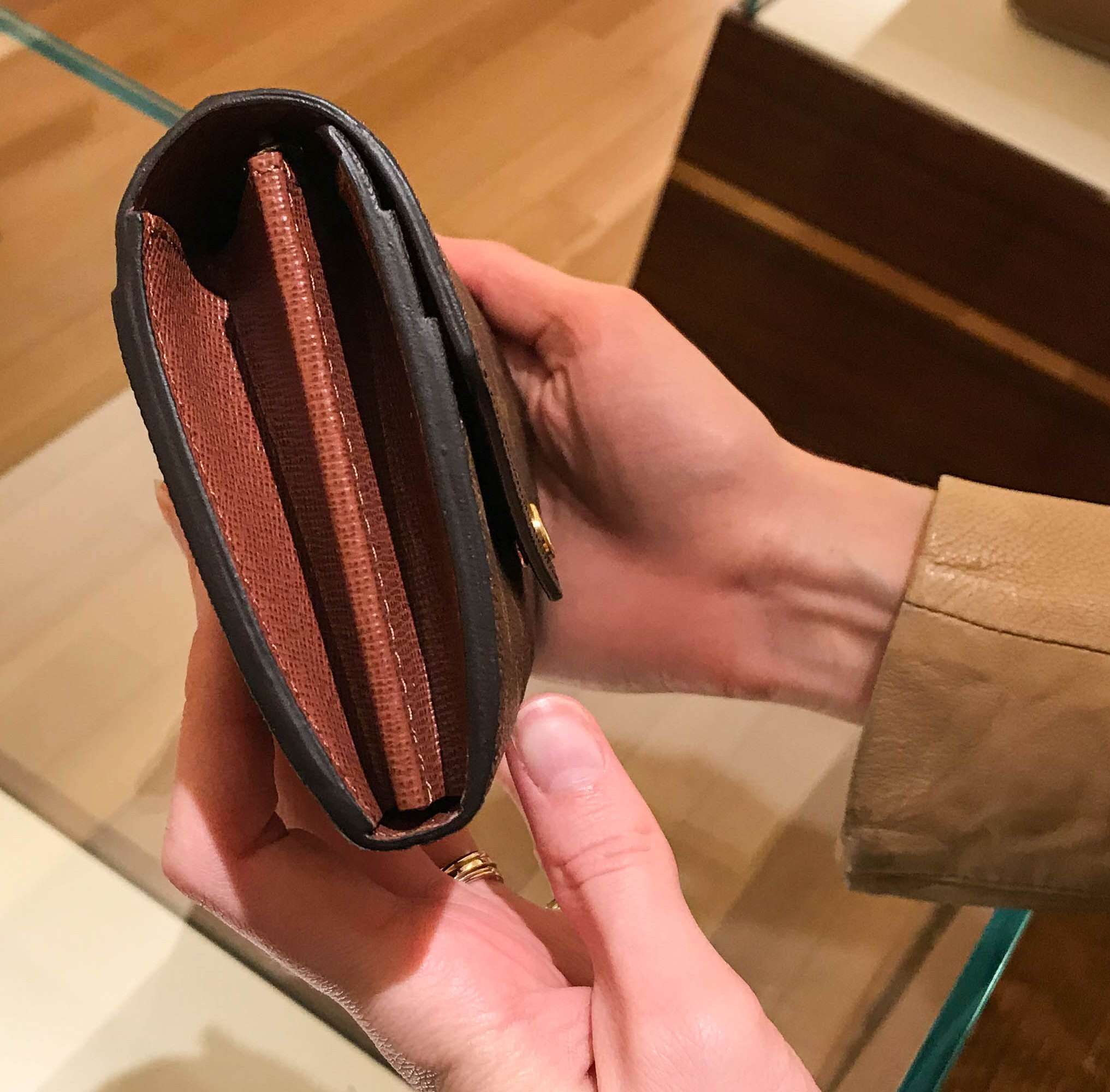 Louis Vuitton Sarah wallet with iPhone and passport inside.