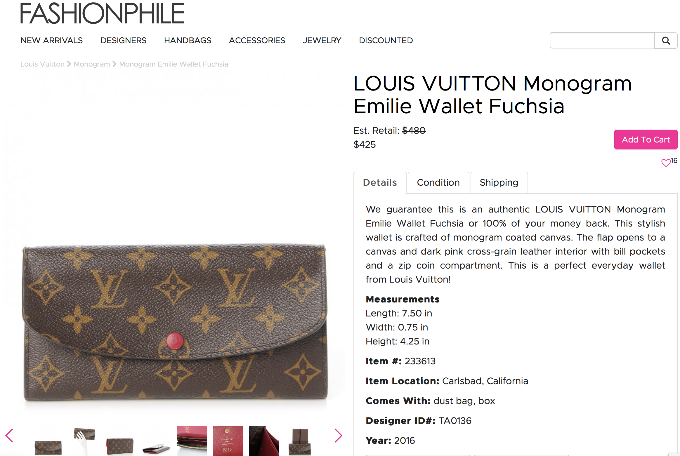 Average price of used Louis Vuitton Emilie on Fashionphile